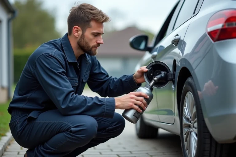 Technicien automobile versant un additif carburant dans le réservoir d'une Peugeot 308 dans une allée résidentielle