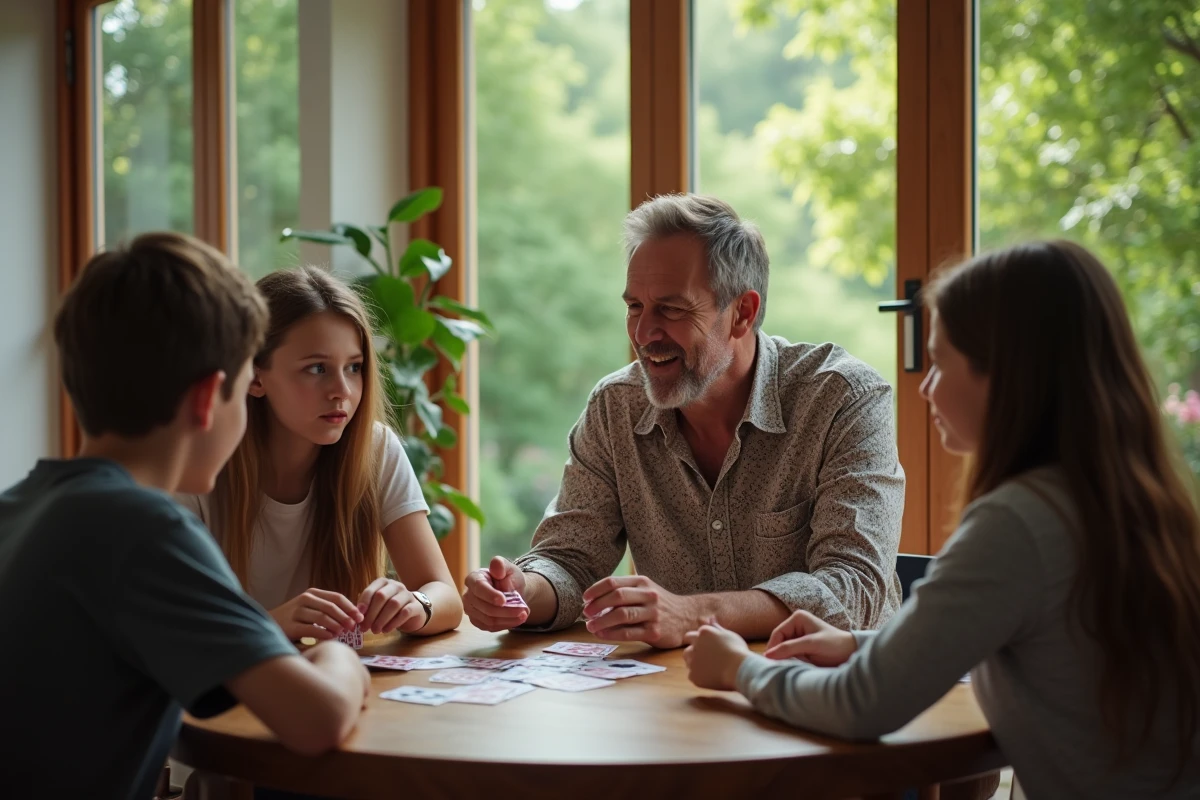 Un homme explique les règles du Président à deux adolescents dans une véranda