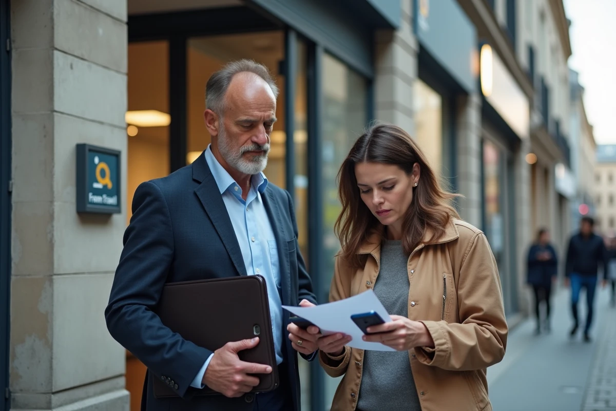 Couple de demandeurs d'emploi devant une agence France Travail pour résoudre un retard de versement d'allocation