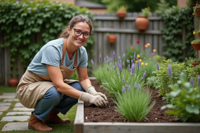 Femme aménageant un carré potager surélevé en bois dans un jardin suburban avec des herbes aromatiques et des fleurs de saison