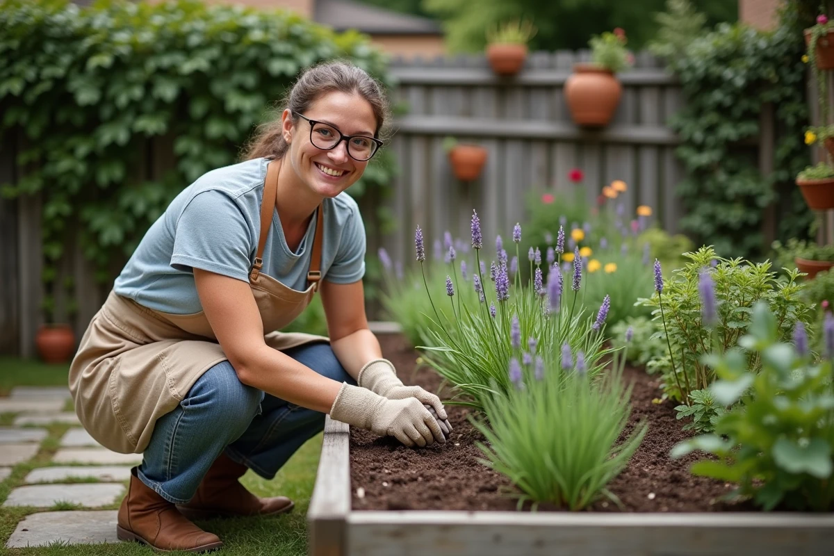 Femme aménageant un carré potager surélevé en bois dans un jardin suburban avec des herbes aromatiques et des fleurs de saison