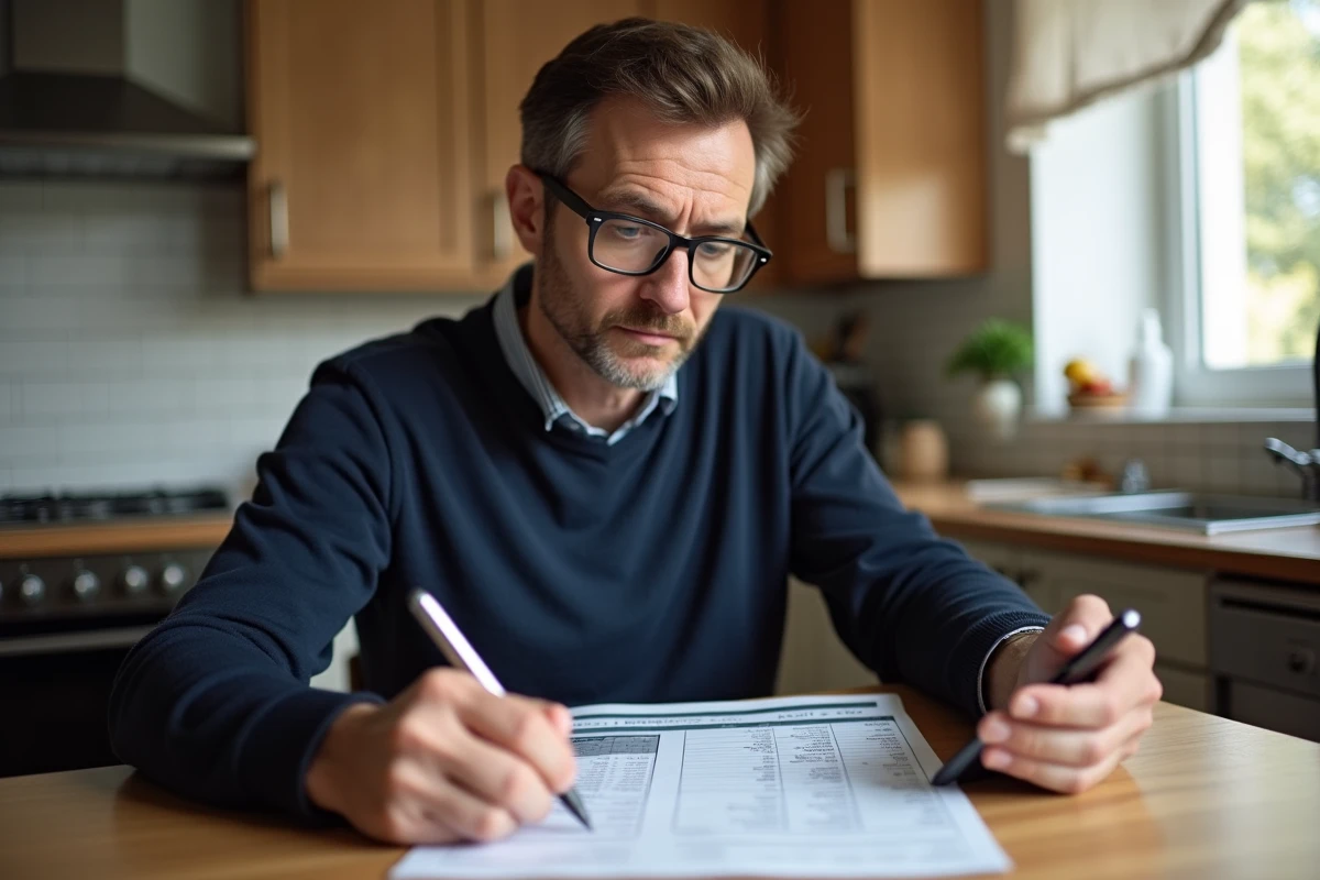 Homme analysant un tableau comparatif de taux de prêt immobilier Casden et banques classiques à la maison
