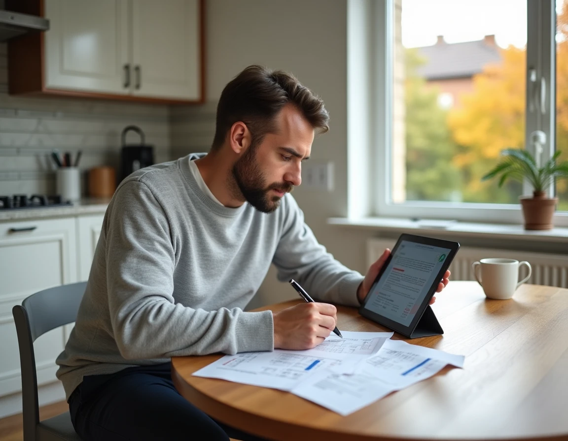 Homme analysant des documents immobiliers et une tablette numérique à une table de cuisine