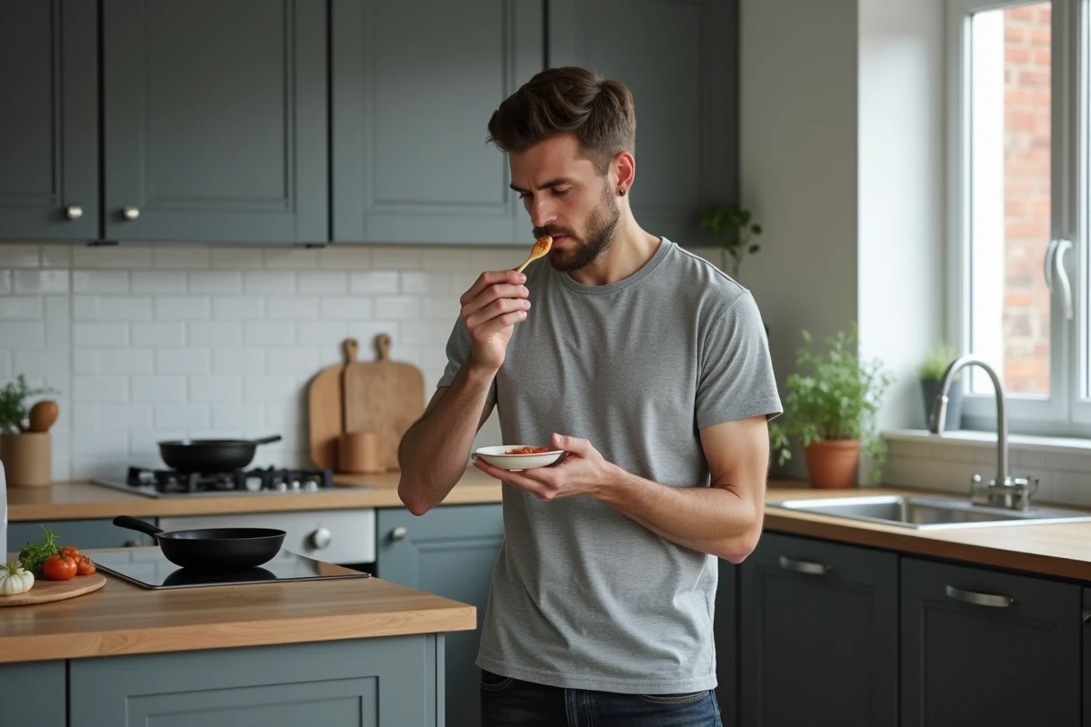 Homme goûtant une sauce à la cuillère en bois devant une cuisine moderne avec crédence en carrelage blanc