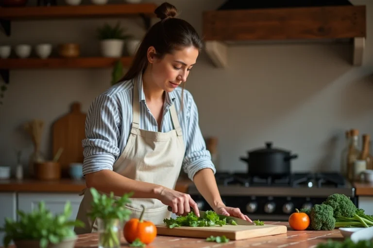 Femme en tablier de lin découpant des légumes frais sur une planche en bois dans une cuisine chaleureuse