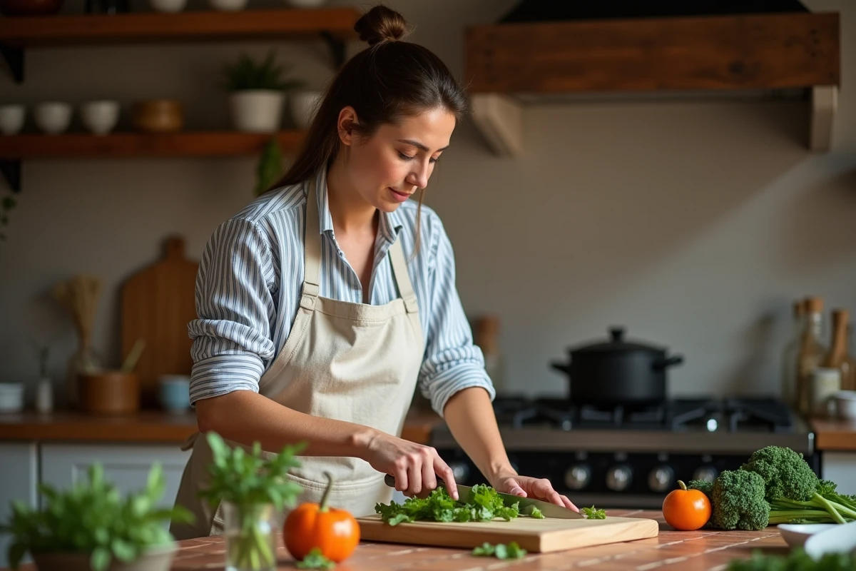 Femme en tablier de lin découpant des légumes frais sur une planche en bois dans une cuisine chaleureuse
