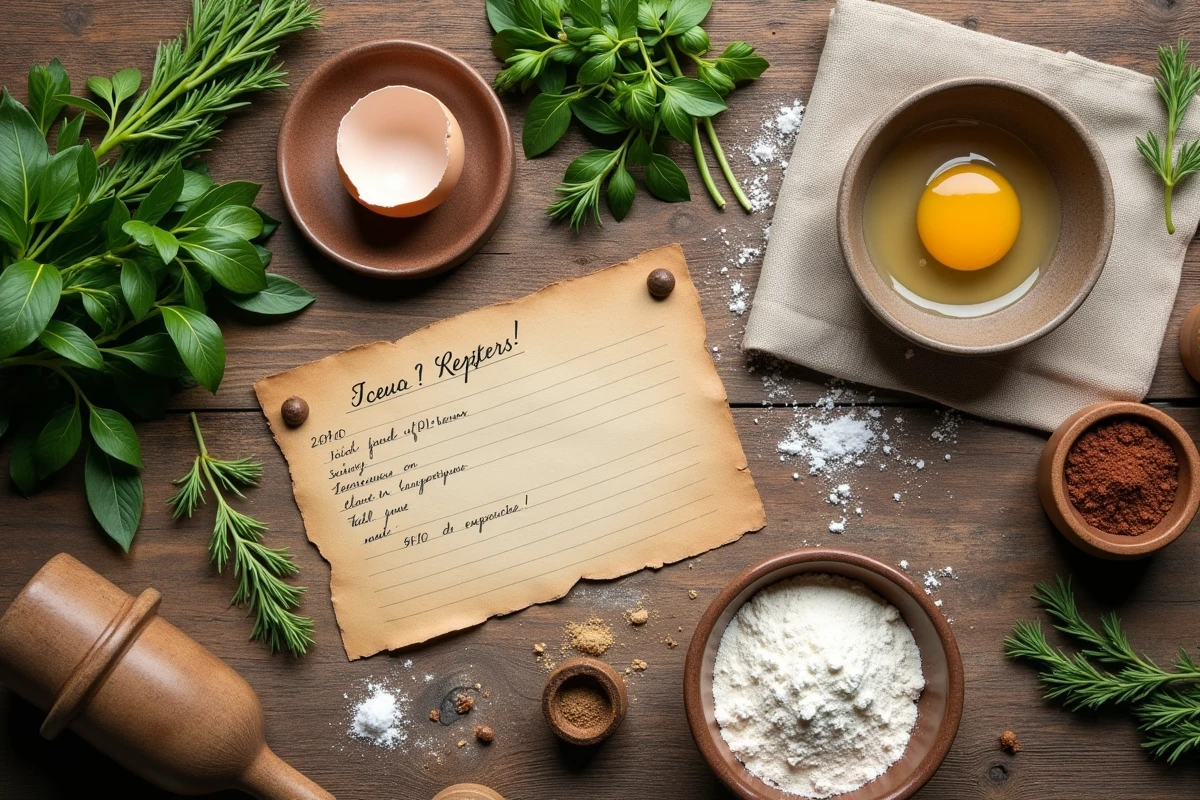 Vue aérienne d'ingrédients de cuisine disposés sur une table en bois rustique avec herbes fraîches, épices et fiche recette manuscrite