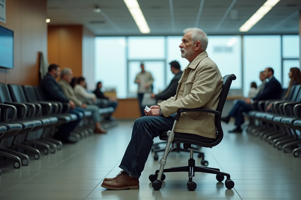 Homme en situation de handicap attendant dans une salle administrative pour déposer son dossier de retraite anticipée en tant que travailleur handicapé reconnu