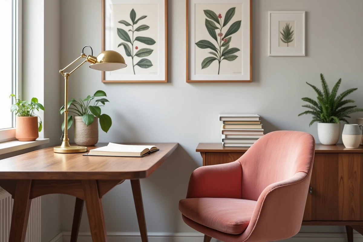 Coin bureau à domicile tendance avec fauteuil velours rose, bureau en noyer et mur de cadres botaniques en laiton