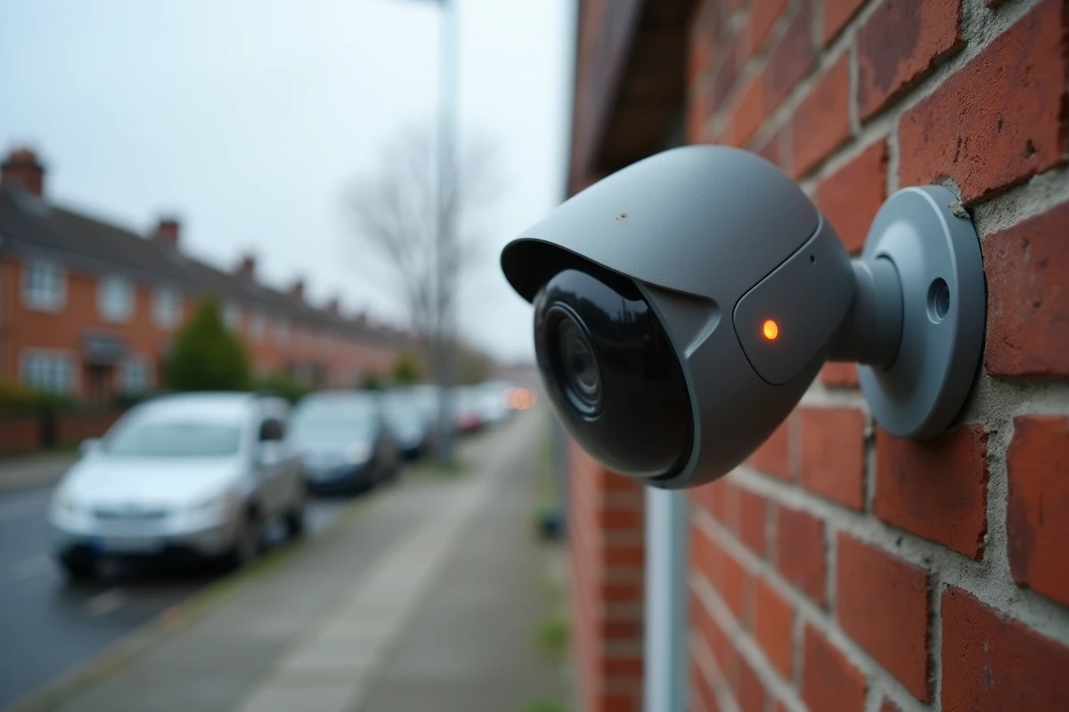 Gros plan d'une caméra de sécurité connectée fixée sur un mur en briques d'une maison résidentielle, représentant les enjeux de confidentialité liés à la télésurveillance extérieure