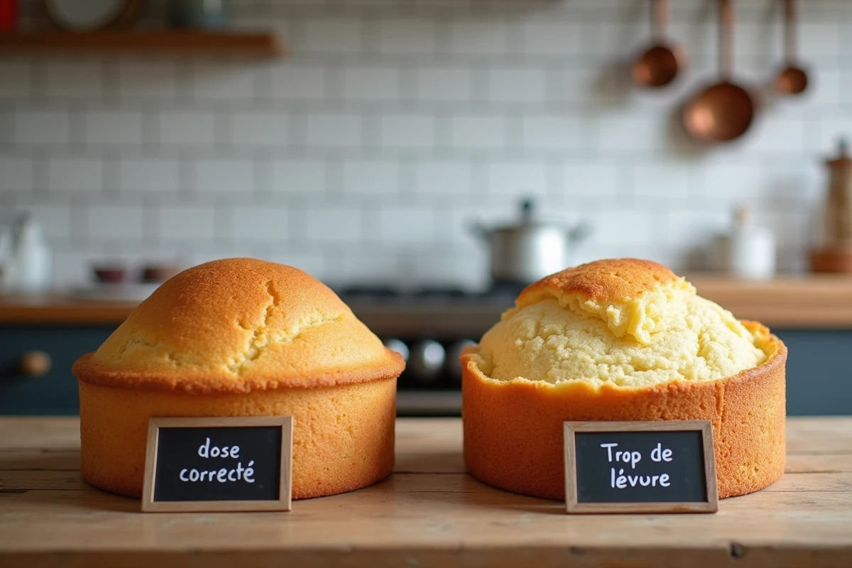 Comparaison de deux gâteaux : un réussi et un raté à cause d'un excès de levure