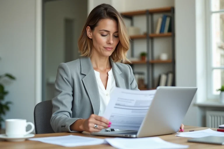 Femme comparant des offres de prêt immobilier sur ordinateur portable avec des documents bancaires sur un bureau à domicile