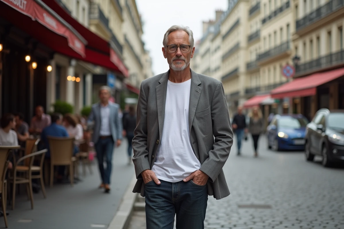 Célébrité française grande taille en boulevard parisien comparée visuellement à une personne de taille moyenne sur une terrasse de bistro