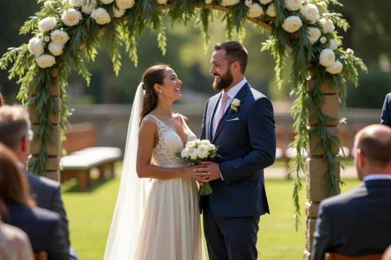Couple de mariés souriant sous une arche fleurie dans un jardin élégant pour un mariage en plein air