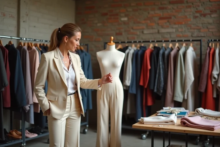 Créatrice de mode lilloise ajustant une tenue sur un mannequin de couture en coulisses d'un défilé à Lille