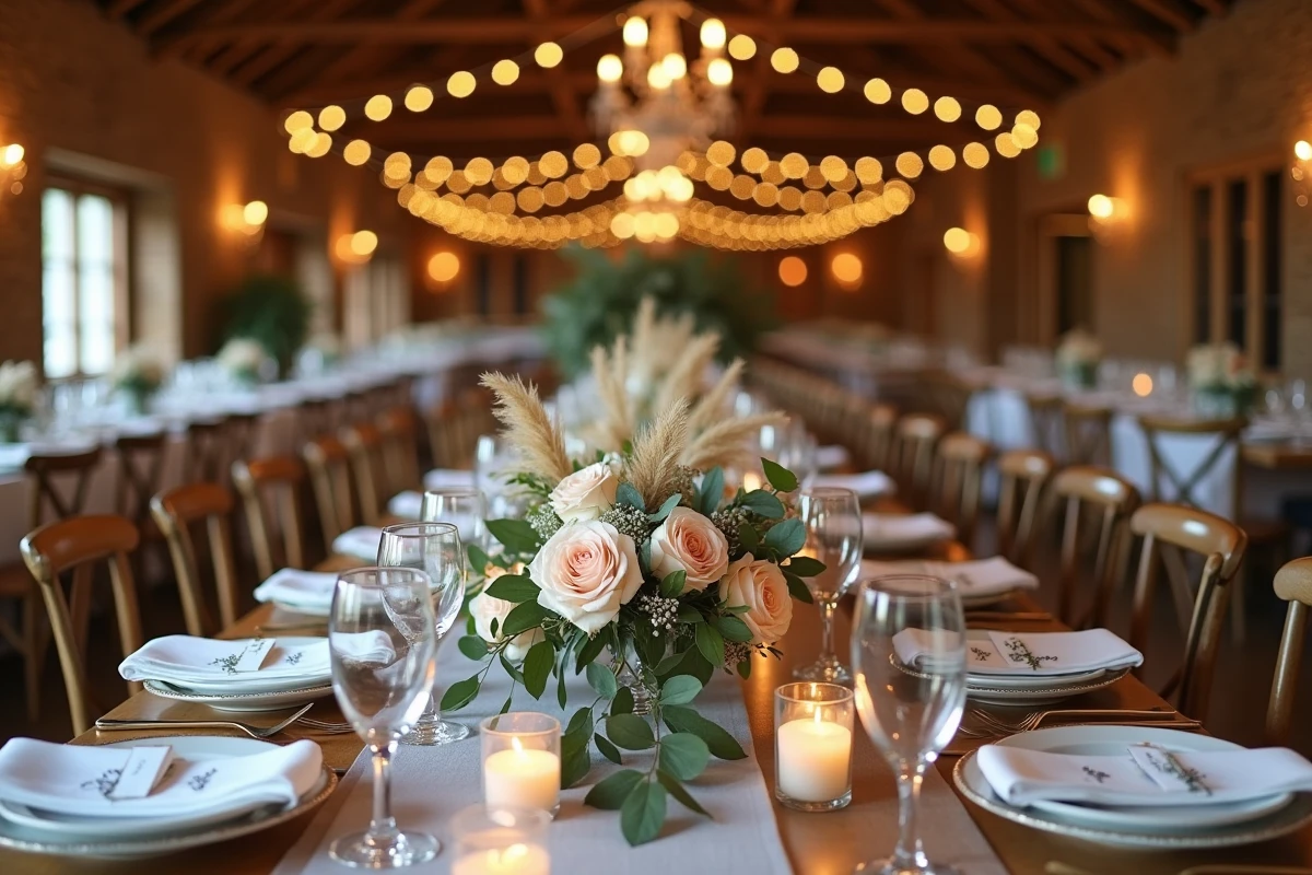 Table de réception de mariage décorée avec des fleurs, bougies et vaisselle dorée dans une grange rustique