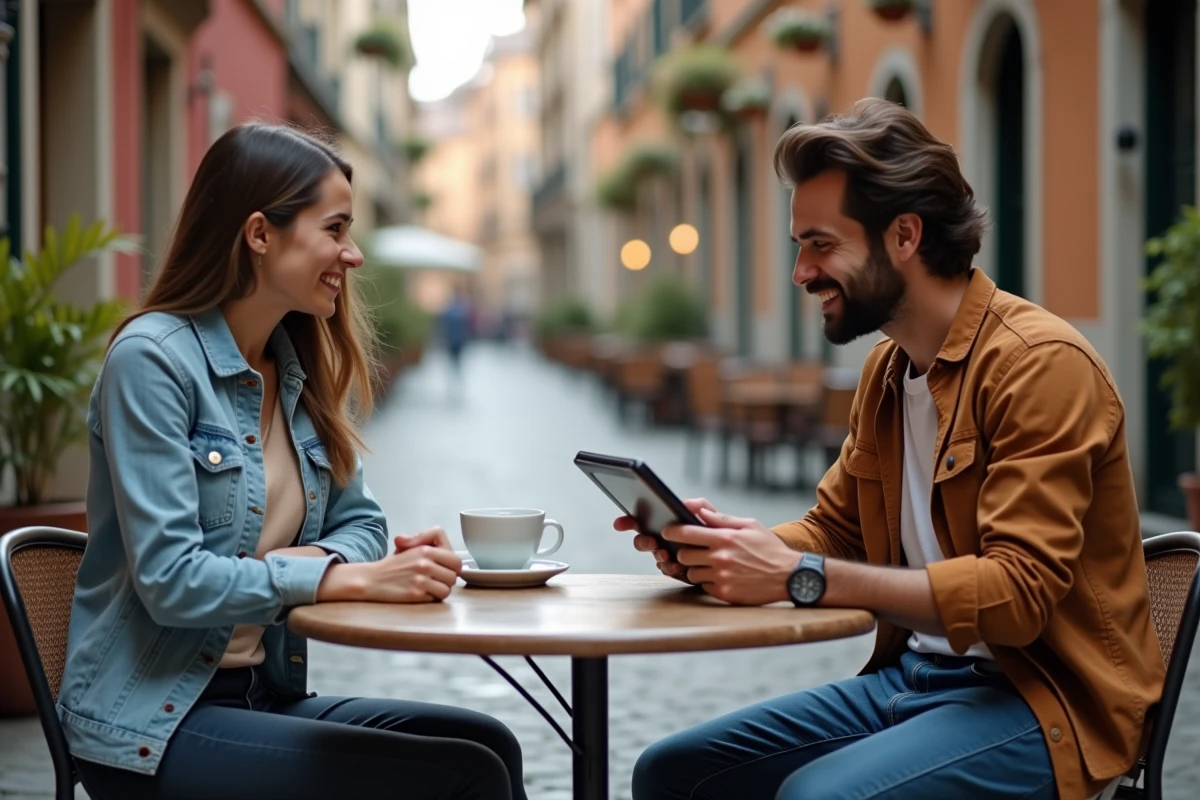 Deux adultes de cultures différentes pratiquant une langue ensemble en terrasse de café grâce à la plateforme Lingoo