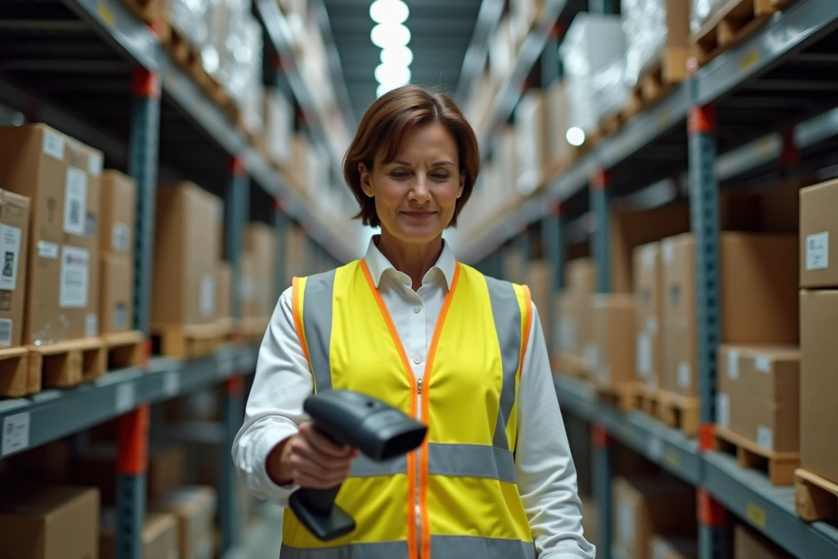 Employée d'entrepôt scannant des produits sur des étagères dans un centre de distribution logistique