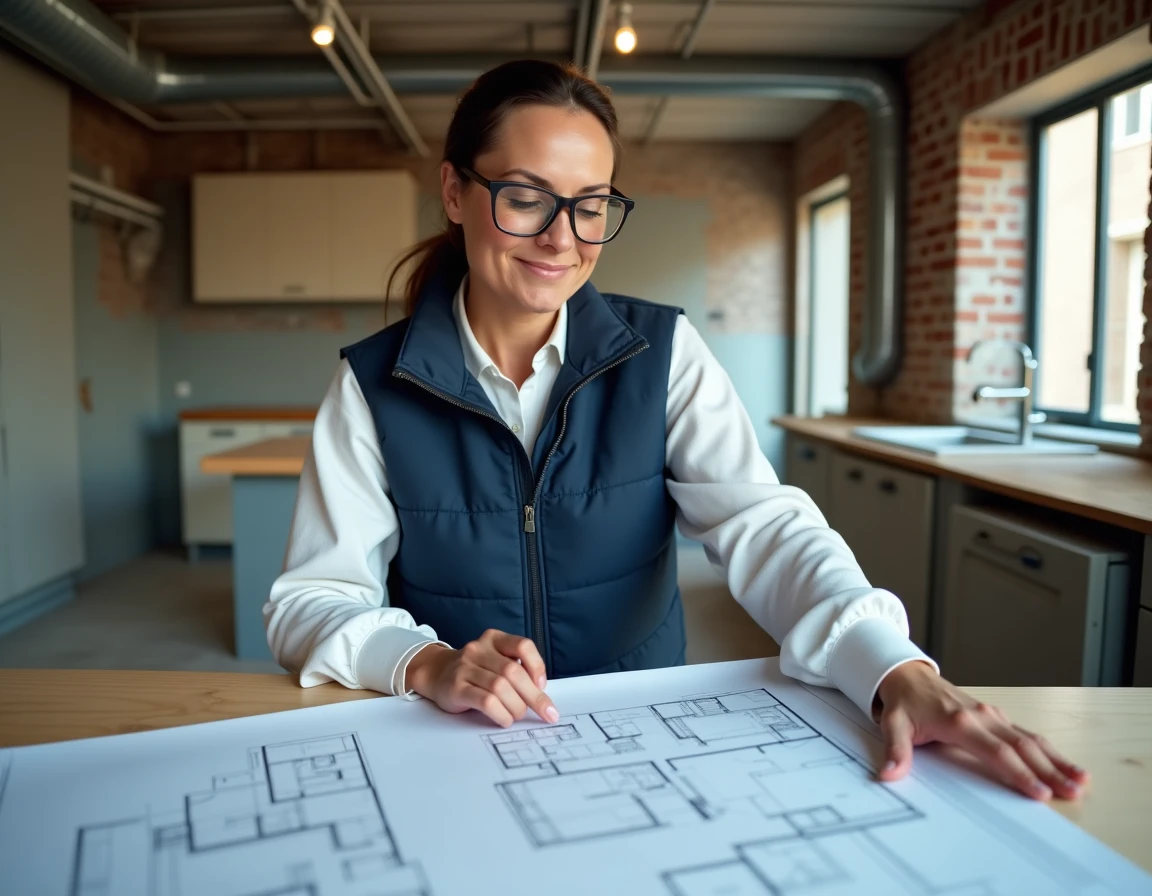 Femme experte en rénovation consultant des plans architecturaux dans une cuisine en travaux