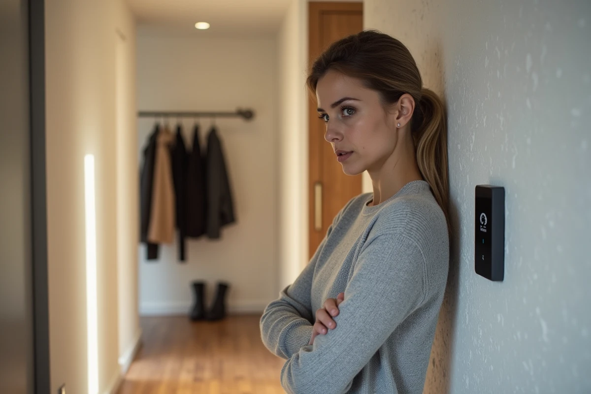 Femme hésitante devant un clavier d'alarme connecté dans un couloir d'appartement, symbolisant les préoccupations liées à la confidentialité des systèmes de télésurveillance