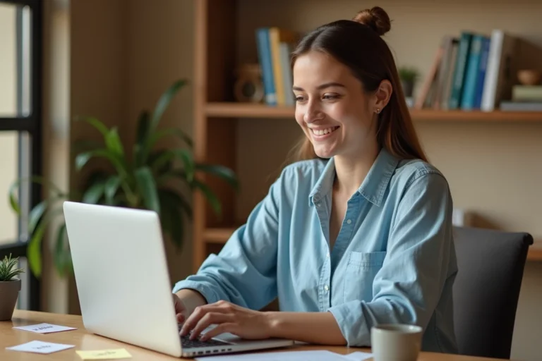 Jeune femme utilisant l'application Lingoo sur un ordinateur portable dans un bureau à domicile pour apprendre une langue étrangère