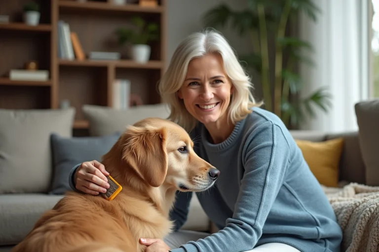 Femme en pull bleu brossant son chien golden retriever