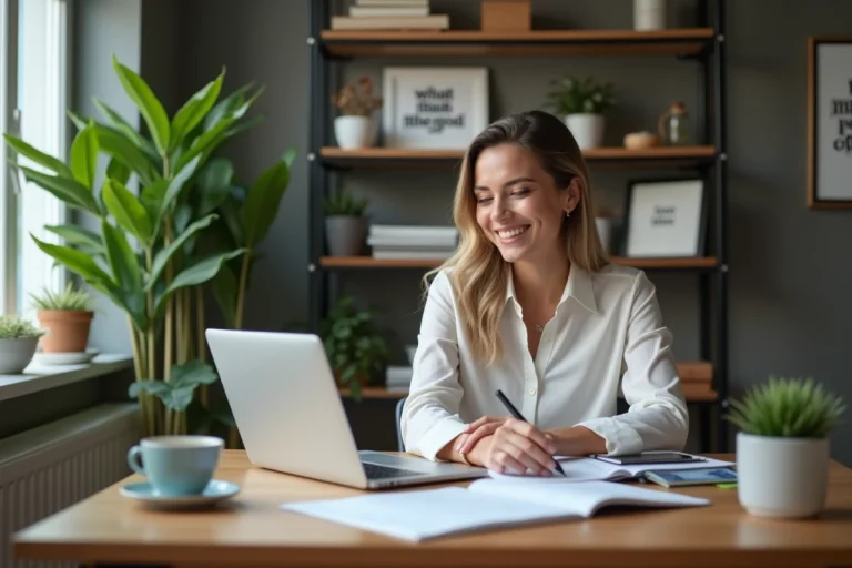 Femme concentrée travaillant dans un bureau à domicile moderne