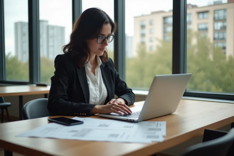 Femme utilisant un ordinateur portable dans un appartement lumineux