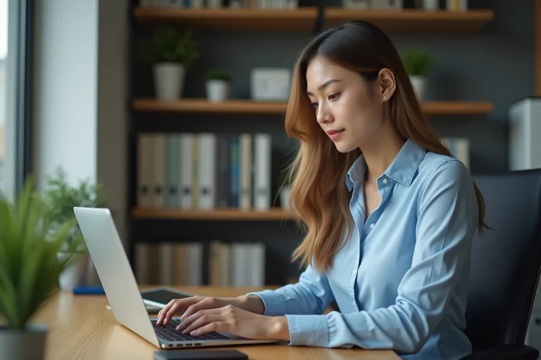 Jeune femme au bureau utilisant un ordinateur portable