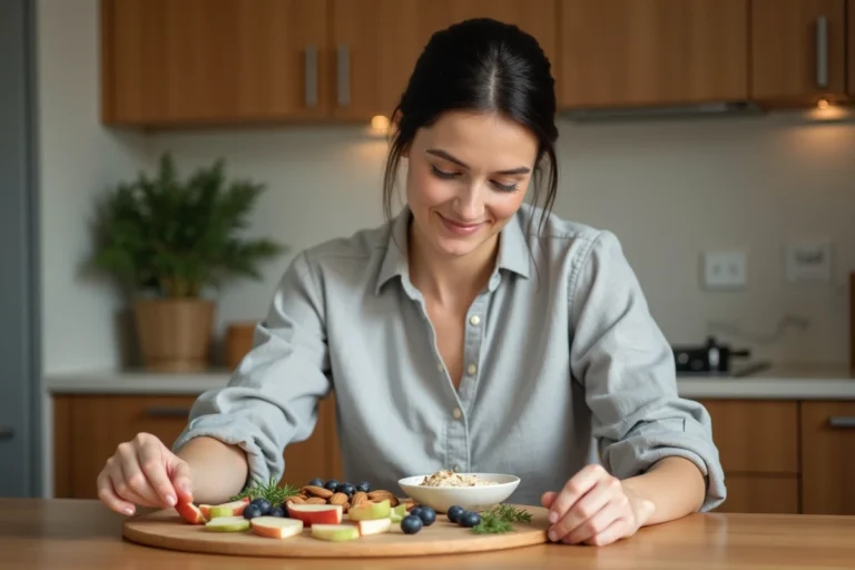 Femme préparant un plateau de collations saines avec amandes, pomme et myrtilles sur une table en bois dans une cuisine moderne