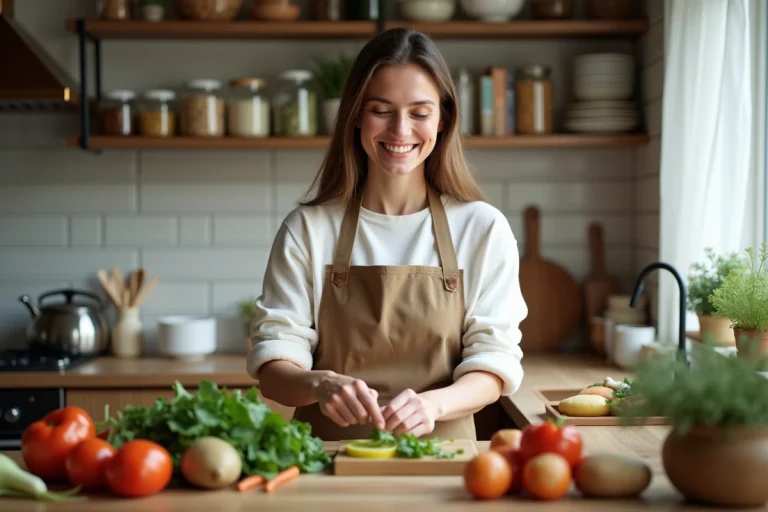 Femme en tablier cuisine avec ingrédients frais