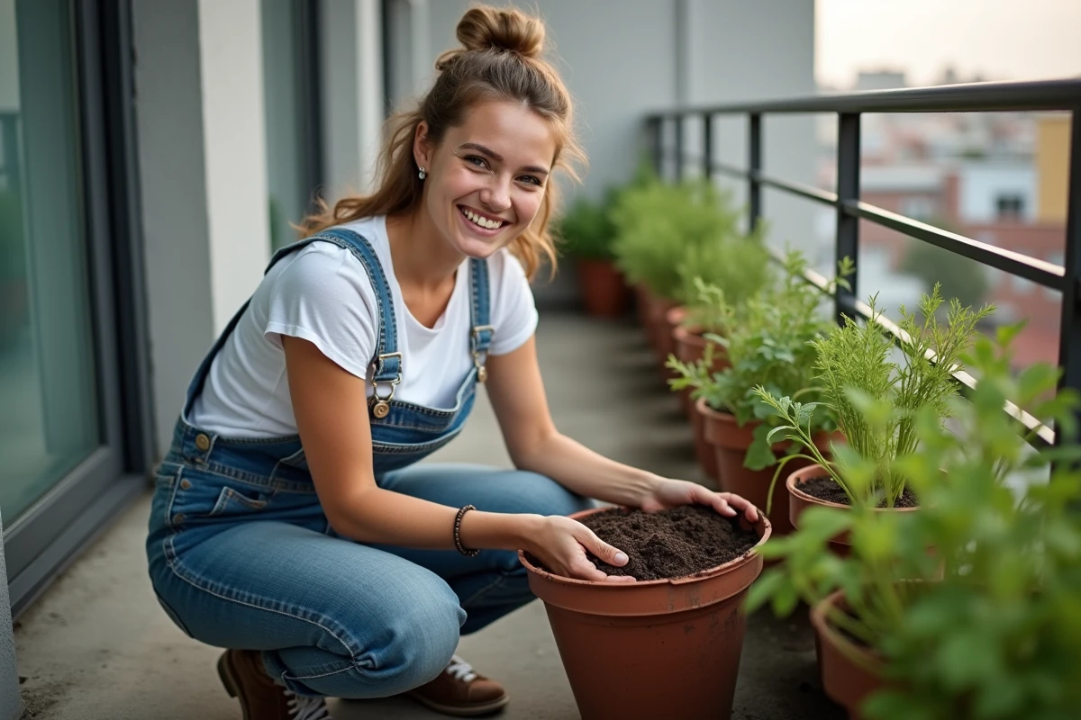 Jeune femme en overalls mélangeant terreau sur balcon urbain