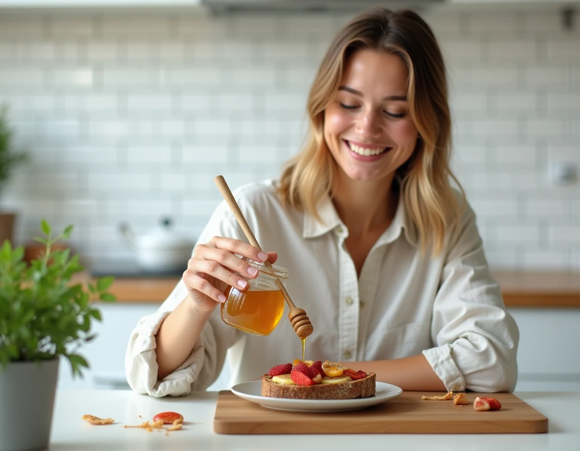 Jeune femme versant du miel Leak sur une tartine dans une cuisine minimaliste lumineuse