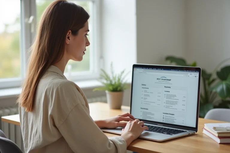 Femme naviguant sur le plan du site d'un portail d'actualités depuis un bureau à domicile moderne