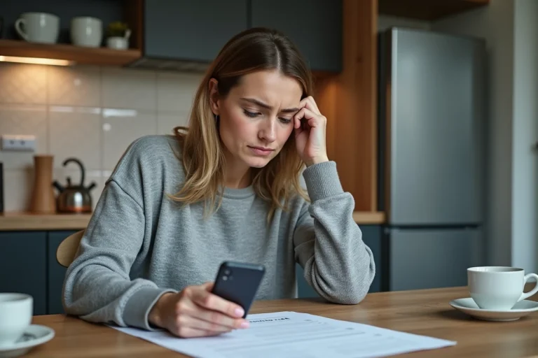 Femme stressée consultant ses documents France Travail et son application bancaire en cas de retard de paiement
