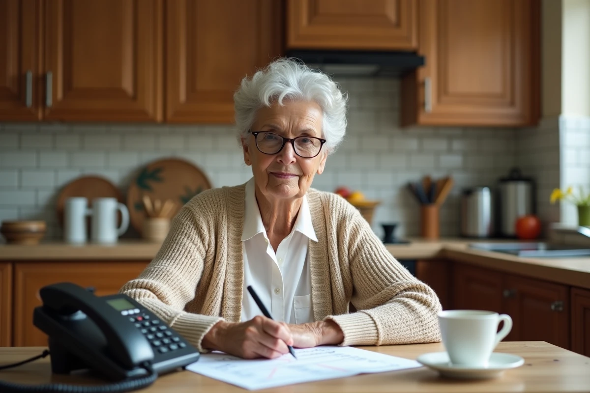 Femme senior prenant note des numéros de contact de Mondial Assistance depuis chez elle