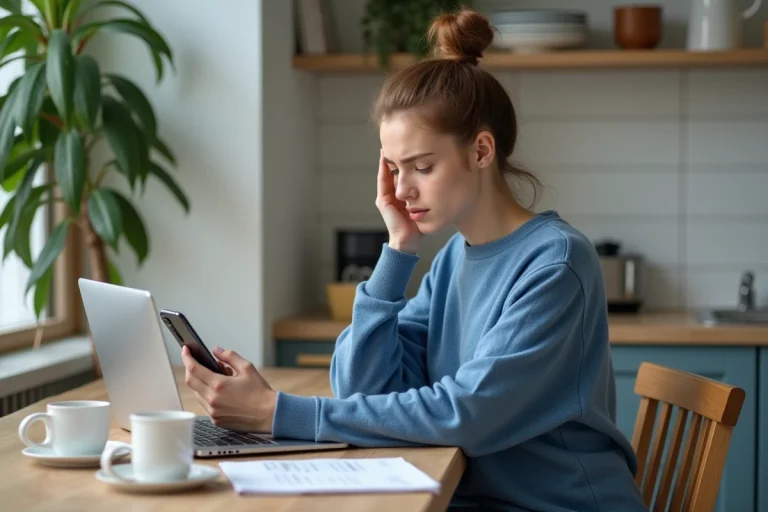 Jeune femme concentrée avec smartphone et ordinateur