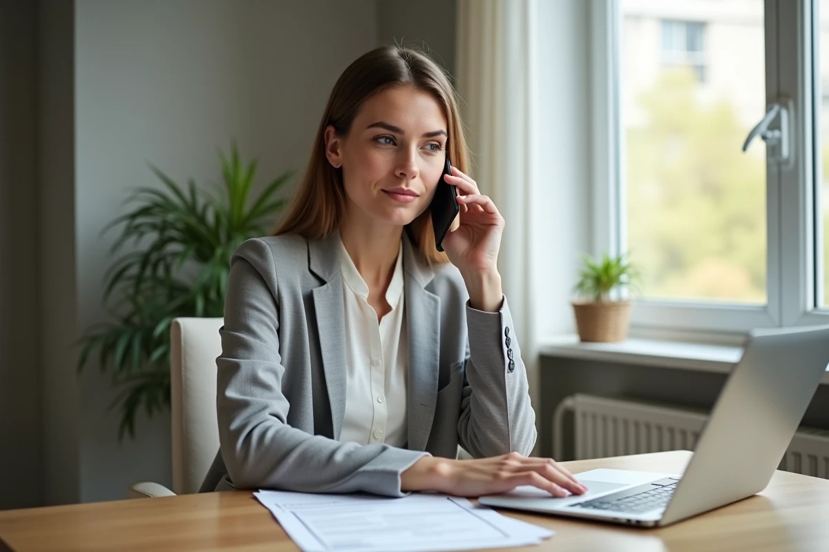 Femme au téléphone consultant le service client de Mondial Assistance depuis son bureau à domicile