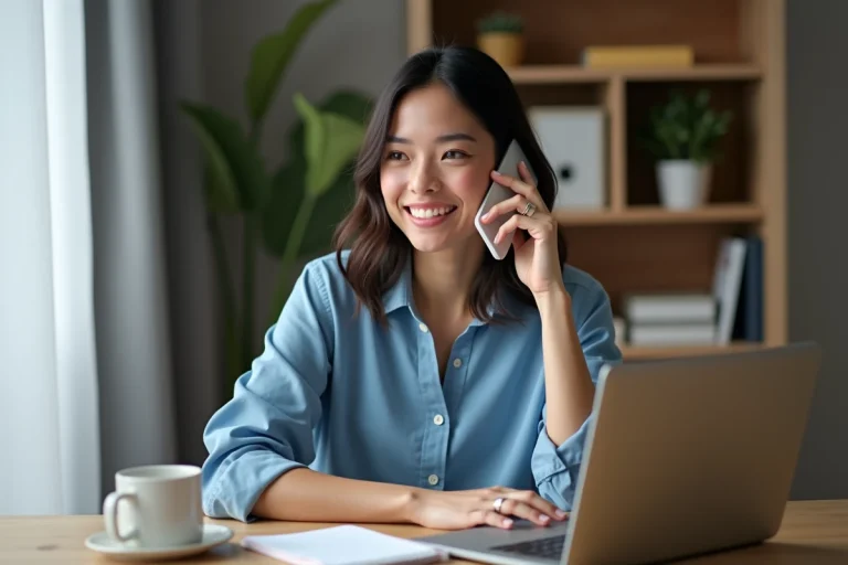 Femme en visioconference dans un bureau à domicile