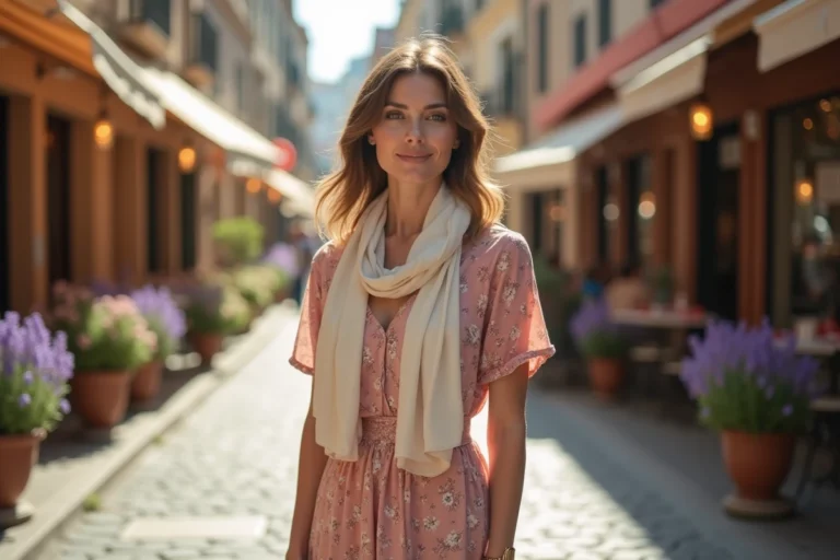 Femme en robe florale portant un foulard en soie ivoire noué autour du cou dans une rue pavée européenne