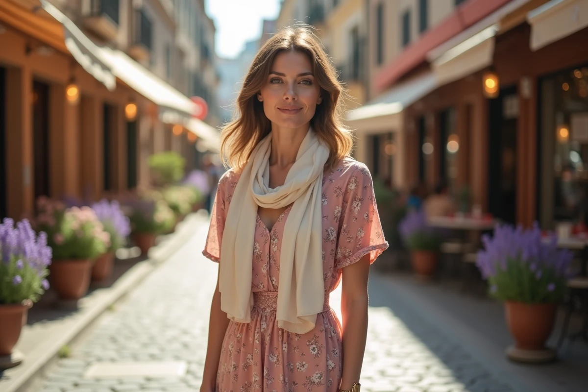 Femme en robe florale portant un foulard en soie ivoire noué autour du cou dans une rue pavée européenne