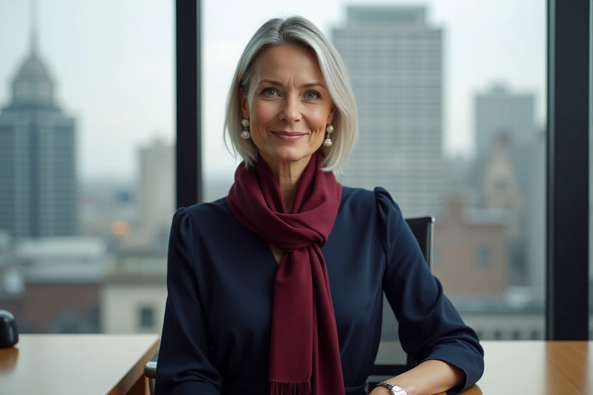 Femme élégante en robe portefeuille marine avec un foulard cachemire bordeaux noué en nœud français au bureau