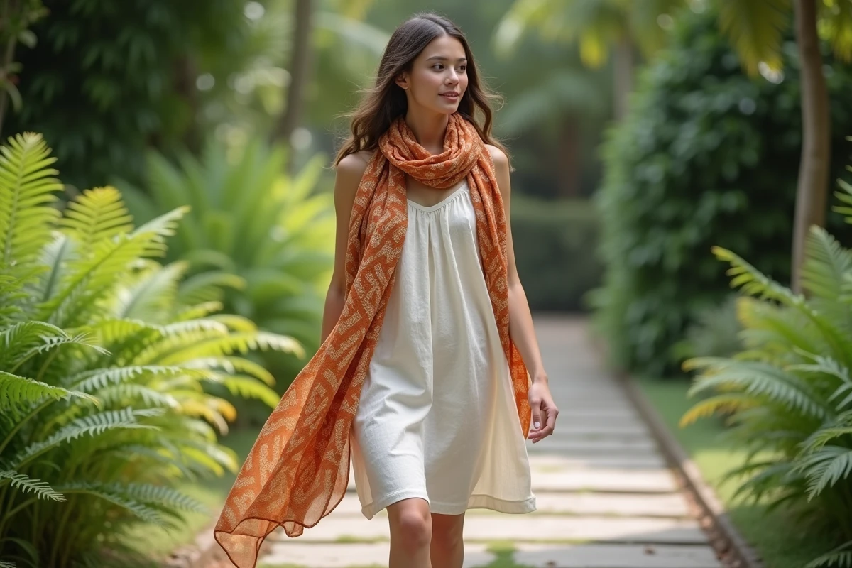 Jeune femme en robe en lin crème avec un grand foulard en soie imprimé terracotta drapé autour du cou dans un jardin botanique