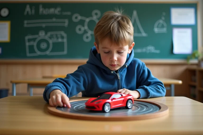 Jeune garçon en hoodie fait tourner une voiture rouge sur une table