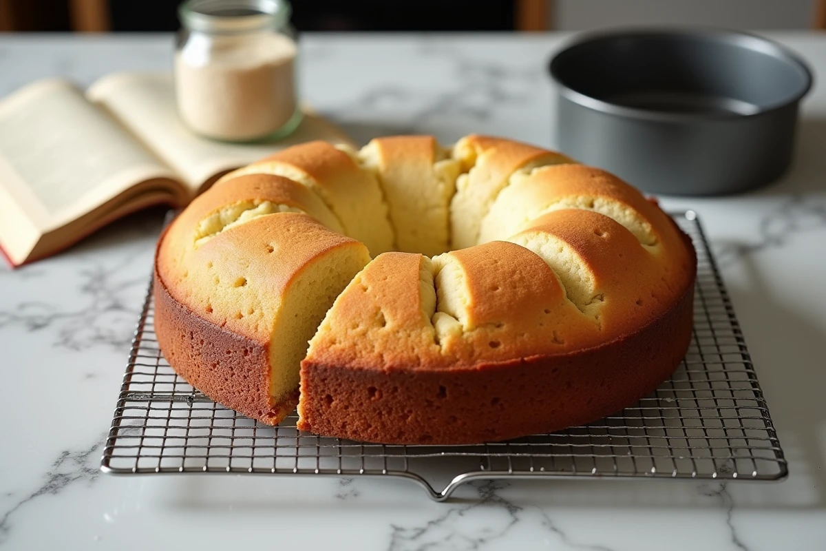 Gâteau trop levé ayant débordé de son moule à cause d'un excès de levure