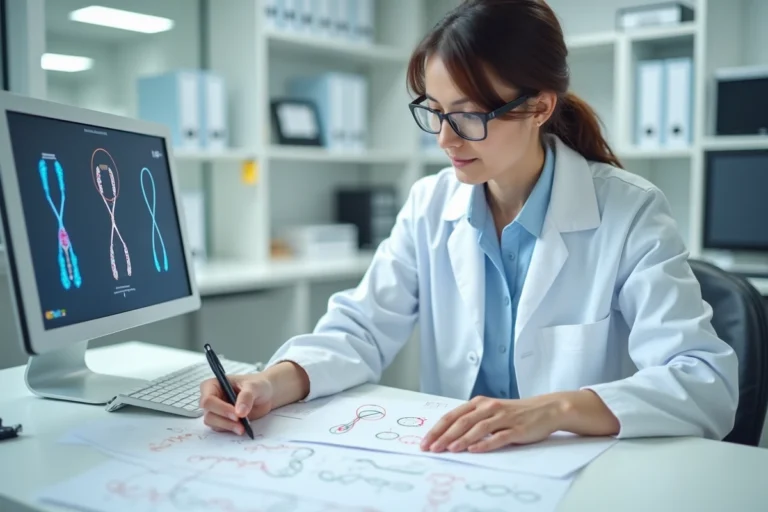 Généticienne analysant un caryotype chromosomique dans un laboratoire médical moderne pour diagnostiquer une anomalie génétique rare