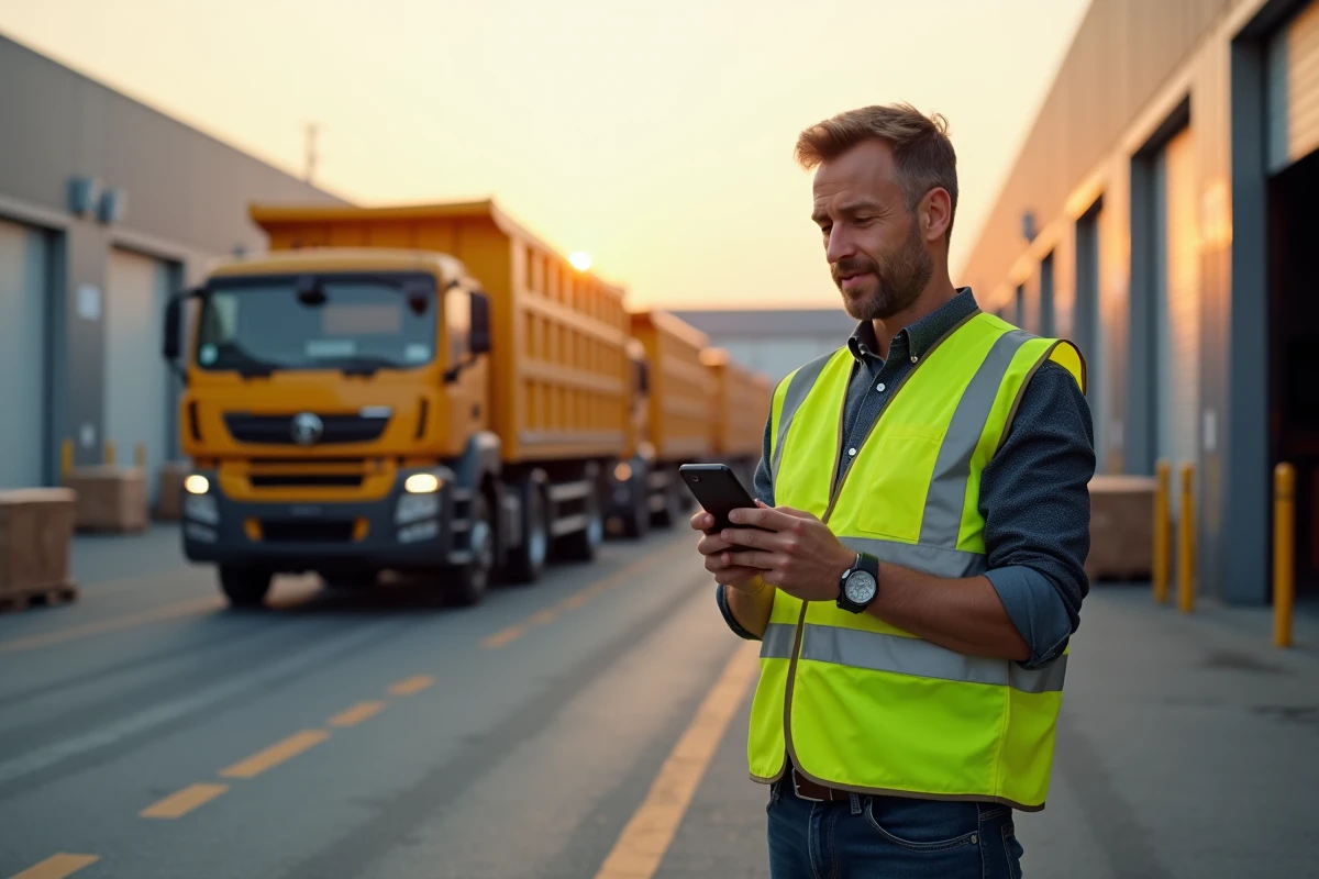 Gestionnaire de flotte Kamaz supervisant des opérations logistiques dans un parc de camions en extérieur