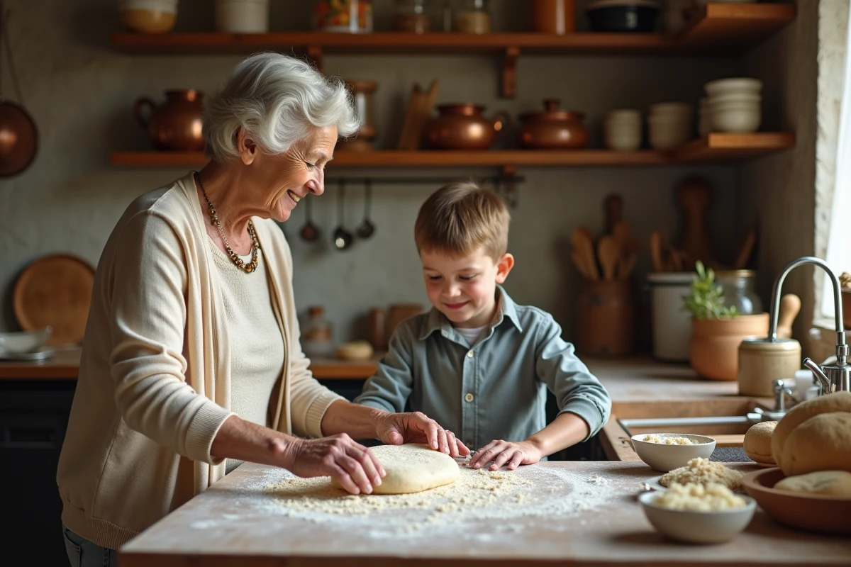 Grand-mère et petit-fils préparant de la pâte ensemble dans une cuisine traditionnelle familiale