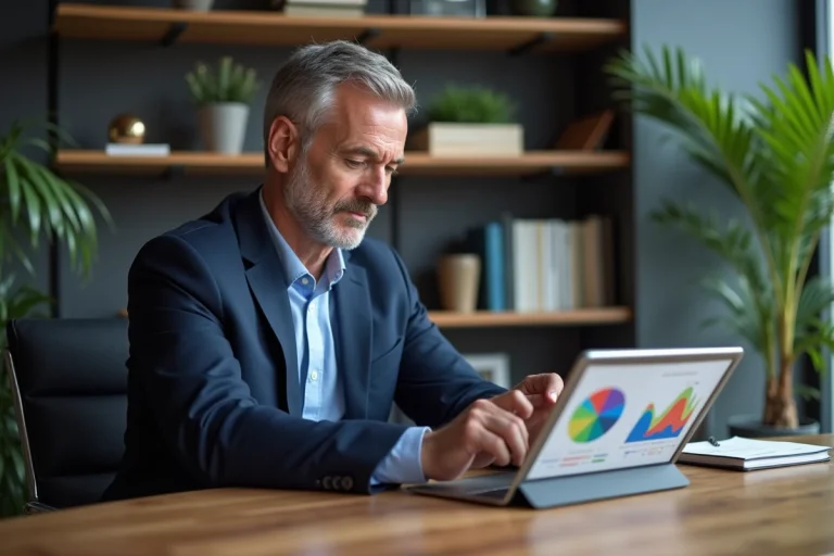 Homme d'affaires en costume bleu analysant des graphiques sur tablette