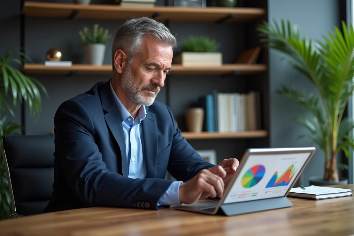 Homme d'affaires en costume bleu analysant des graphiques sur tablette